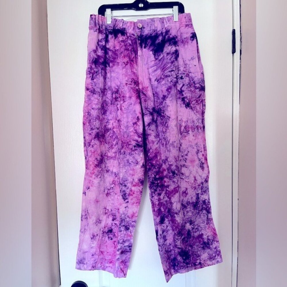 Purple tie-dye linen pants